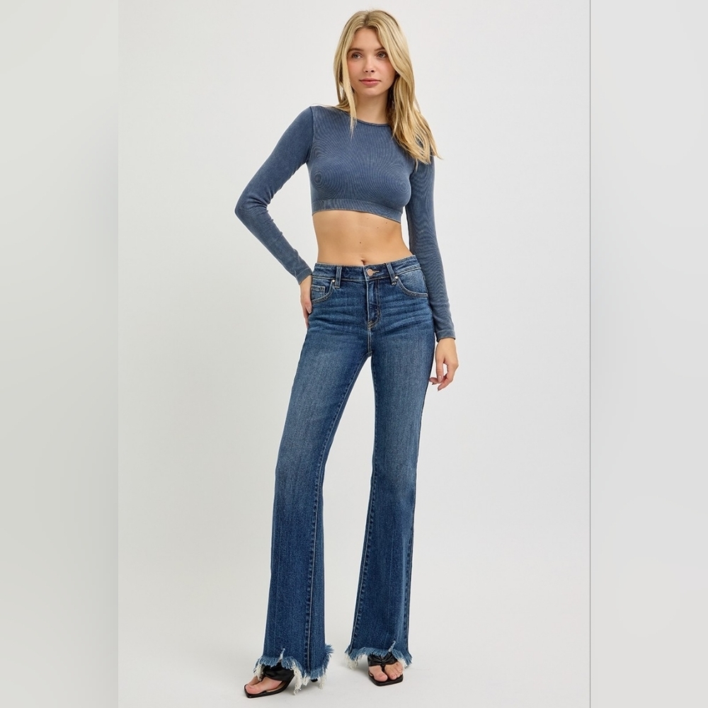 RISEN Mid Rise Dark Wash Flare Jeans Frayed Distressed Shredded Hems Various NEW